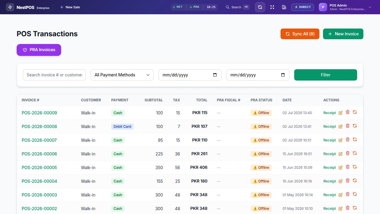 NestPOS transactions list with PRA status